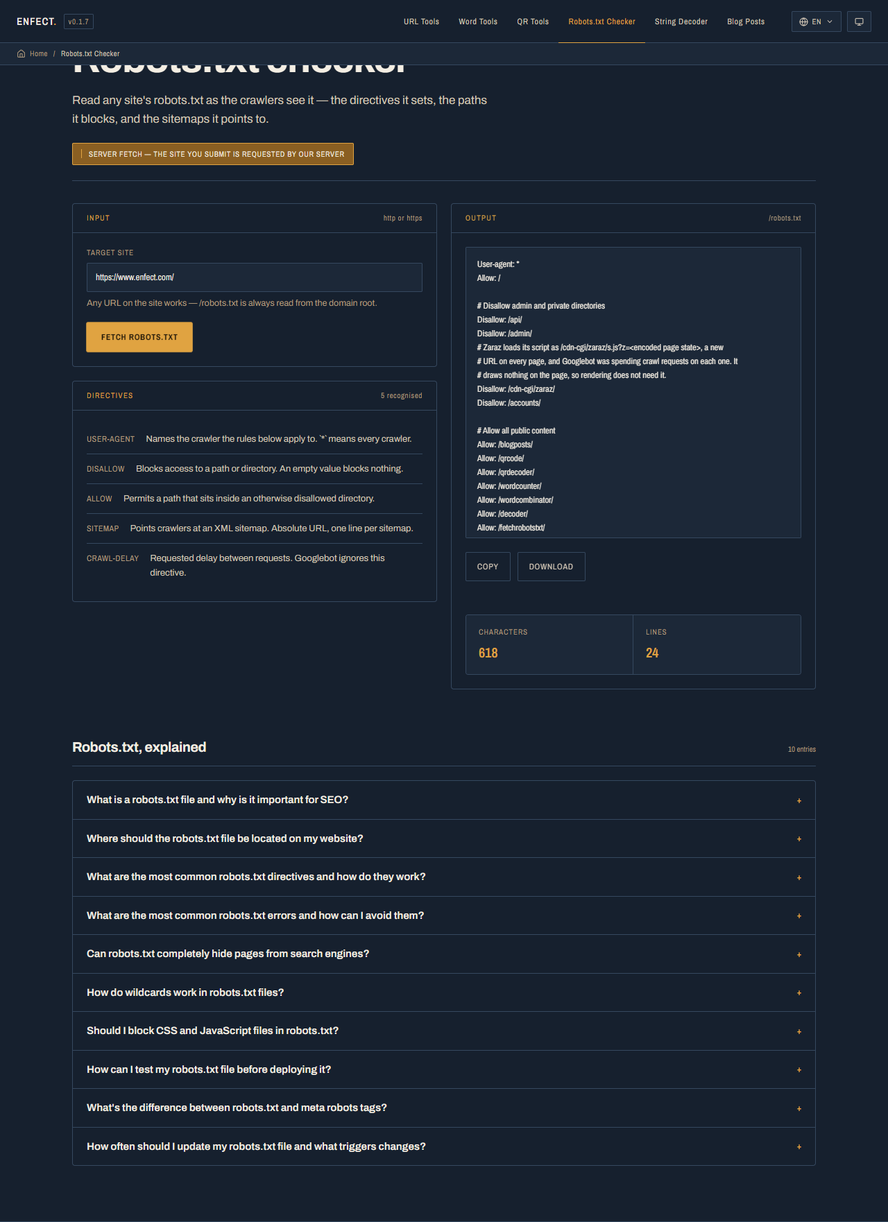 FetchRobotstxt displaying the live Enfect robots.txt file