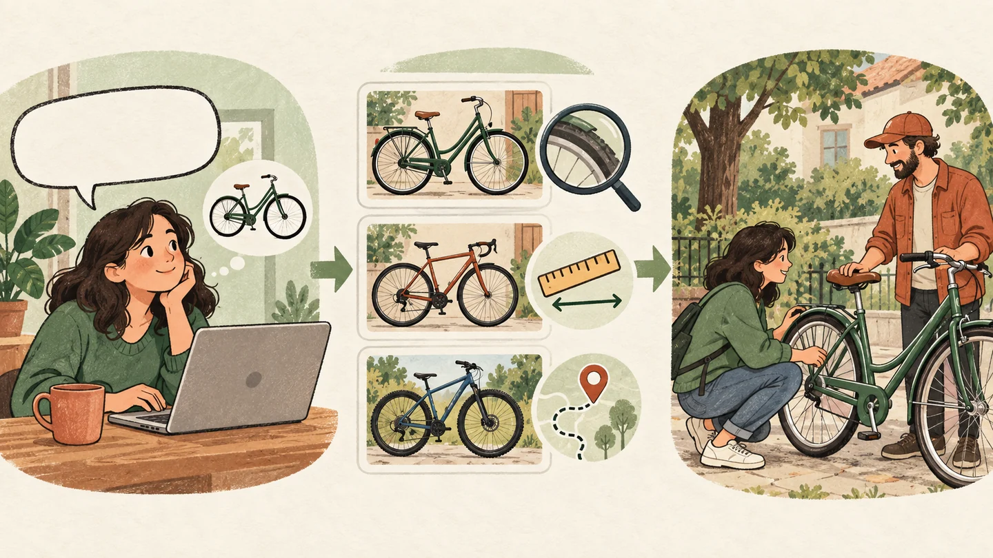 Three stages: describe a shopping need, compare bicycle listings, and check a bicycle with the seller