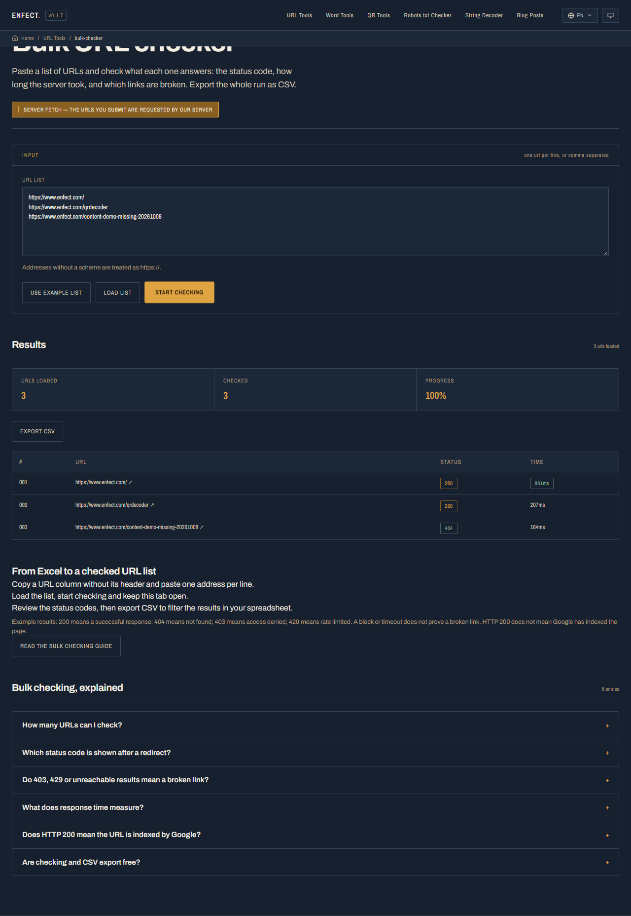 Bulk URL Checker completing the three-address demonstration with two 200 responses and one 404